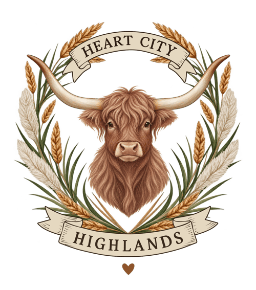 Heart City Highlands logo featuring a rustic ranch design for local Nebraska goods, books, and merchandise.