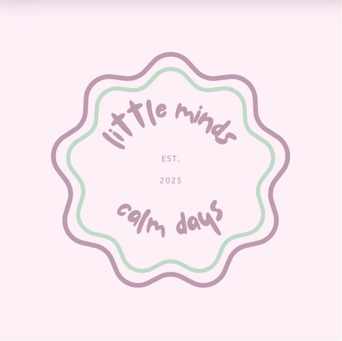 Little Minds Calm Days logo featuring soft pink, mauve, and sage green colors for preschool learning activities, kids printables, coloring books, and mom resources.