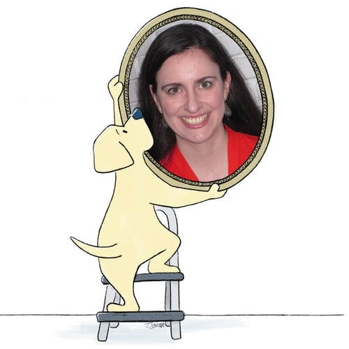A cute and whimsical illustration (looking as if it came straight out of a children's book) featuring a yellow Lab climbing a ladder while carrying a large circular frame to hang on a wall. Inside the gold frame is a real-life photo of the illustrator/artist, Tara Soressi (a Caucasian female with dark hair).