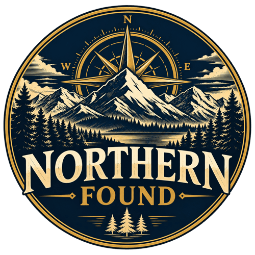 Northern Found logo with mountains, pine trees, and a compass in navy, cream, and gold.