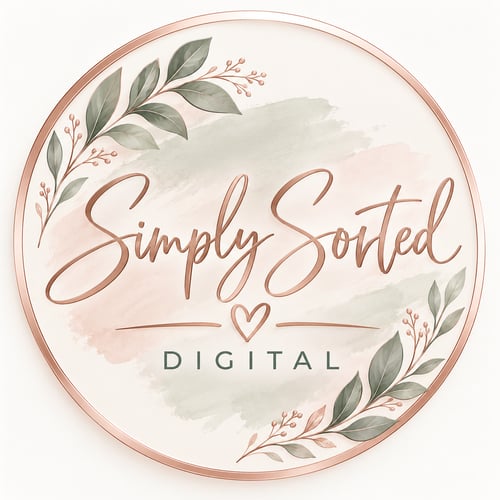 Simply Sorted Digital logo featuring rose gold script, sage green lettering and botanical leaves