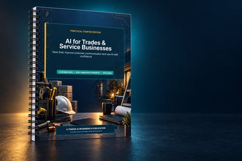 3D mockup of the AI for Trades & Service Businesses Practical Starter Edition workbook by The Trades AI Workbench.