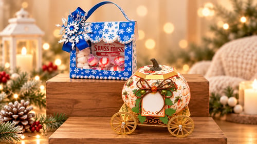 Handmade paper crafting projects by Sassy Beaver Crafts, featuring a blue Christmas hot cocoa gift holder with an acetate window and a decorative autumn pumpkin carriage with gold wheels.