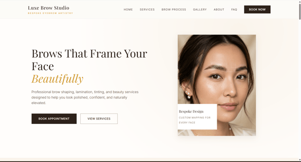 Luxe Brow Studio Website Kit – One-Page Beauty Website Template for Brow Artists