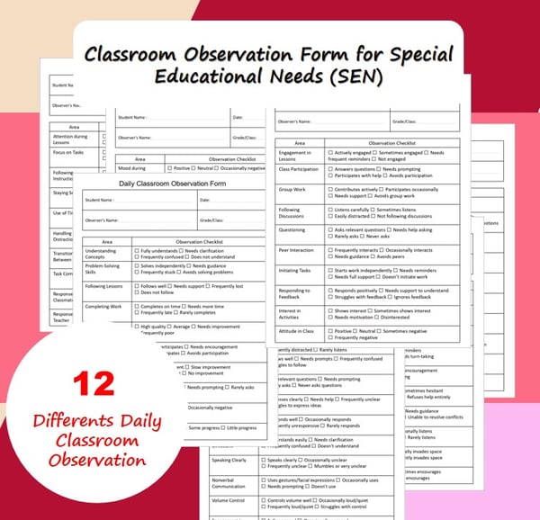 Daily Classroom Observation Forms: Behavior Checklist (12 Editable Pages)