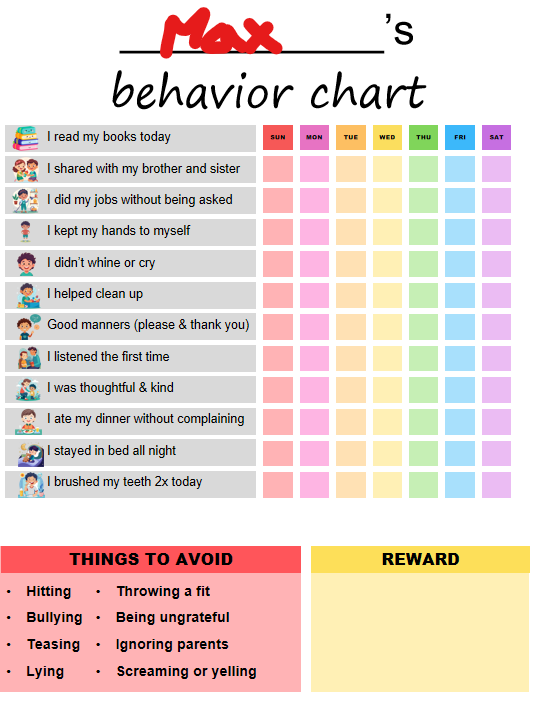Weekly Behavior Chart for Kids: Editable Reward Chart for Home