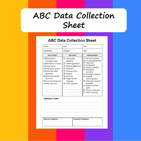 ABC Data Collection Forms: Antecedent-Behavior-Consequence (Classroom & Home)