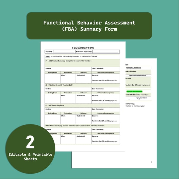 Functional Behavior Assessment Summary Form: Editable FBA & ABC Data Template