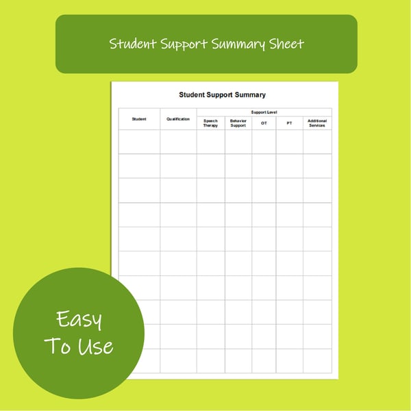 Student Support Services Chart: Speech, OT, PT & Behavior Tracker for IEP Teams
