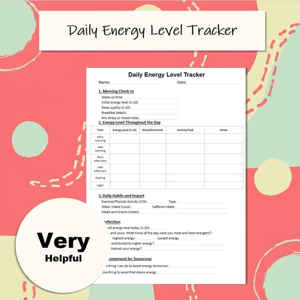 Daily Energy Level Tracker Sleep Mood and Habit Reflection Worksheet