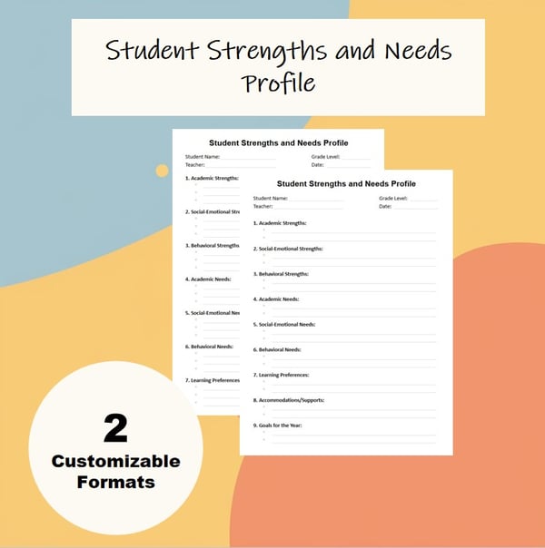 Student Strengths and Needs Profile IEP Present Levels Planning Form