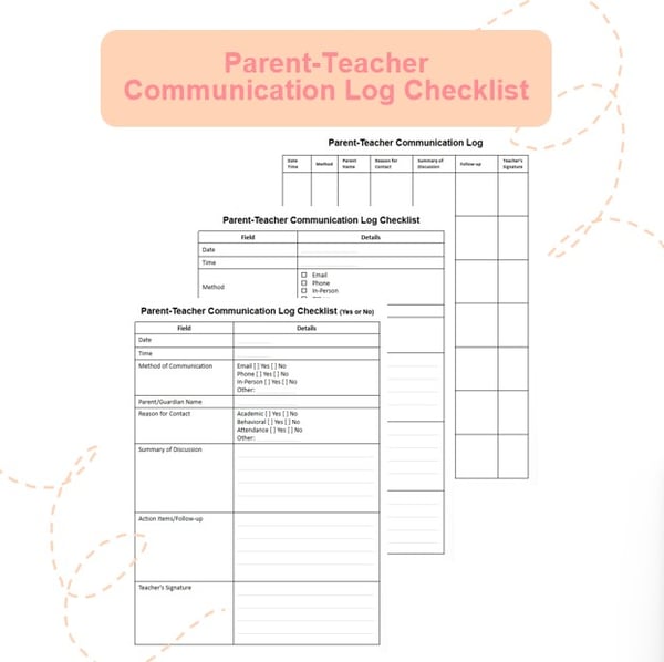 Parent Teacher Communication Log Editable Family Contact Log Templates