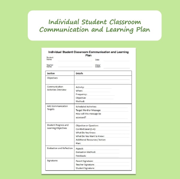 Individual Student Communication Plan AAC Learning Plan for Classrooms