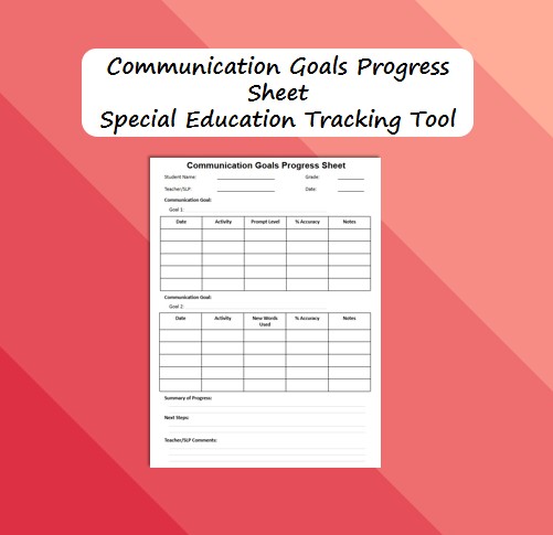 Communication Goals Progress Sheet SLP IEP Progress Monitoring Tool