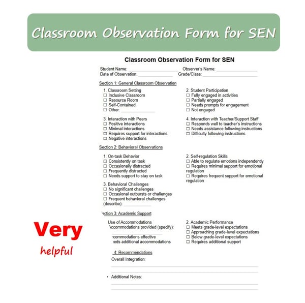 Classroom Observation Form for SEN Inclusion Student Support Checklist