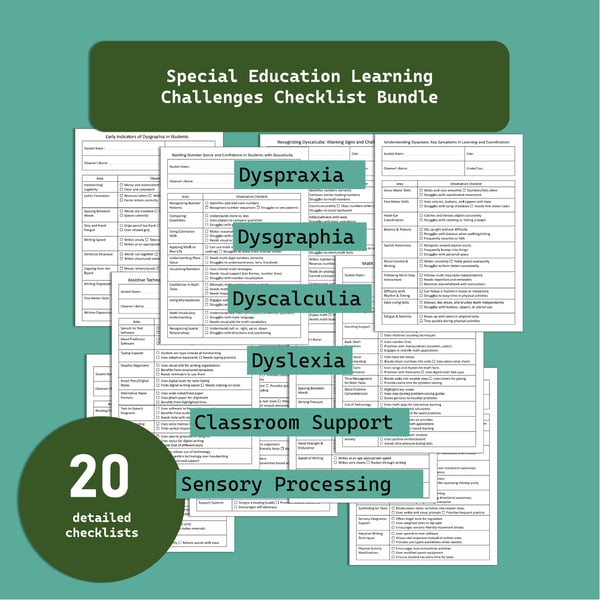 Dyslexia Dyscalculia Dysgraphia Dyspraxia Checklists Special Education