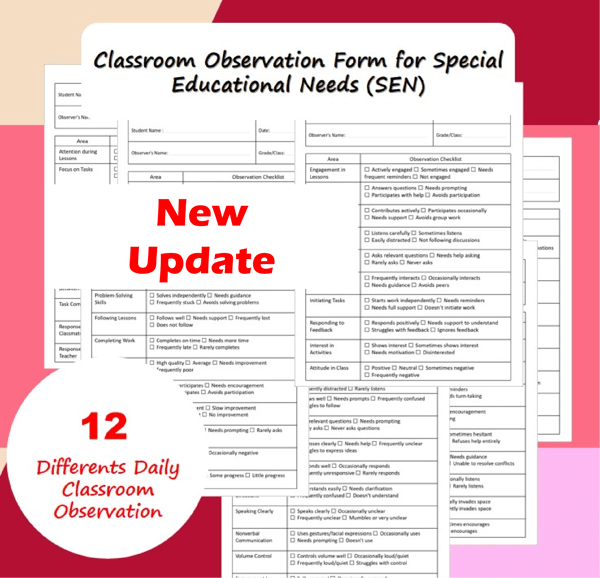 Classroom Observation Forms for Special Education: 12 Daily Checklists