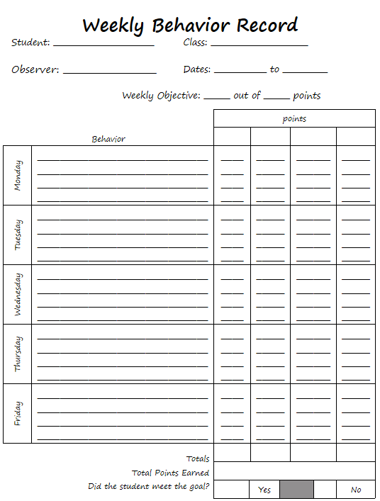 Weekly Behavior Record: Point Tracking Sheet