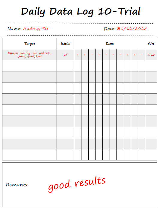 Daily Data Log: 10-Trial ABA Data Sheet
