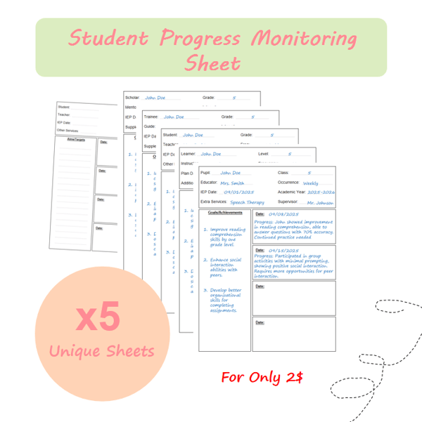 Student Progress Monitoring Sheet: 5 Versions