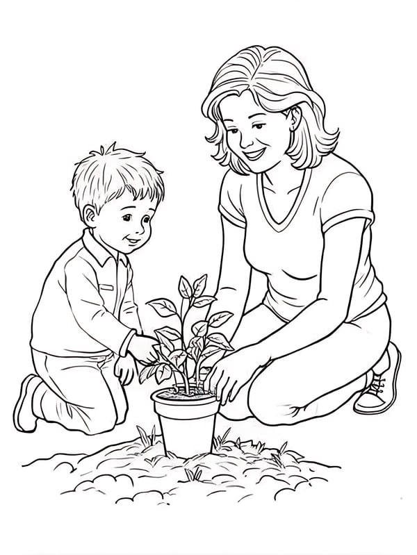 Mother and Child Gardening Coloring Pages