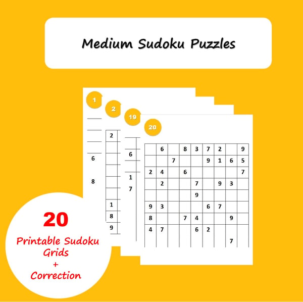 Medium Sudoku Puzzles: 20 Printable Grids with Answer Key