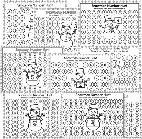 Snowman Number Hunt: Black and White Number Recognition Worksheets