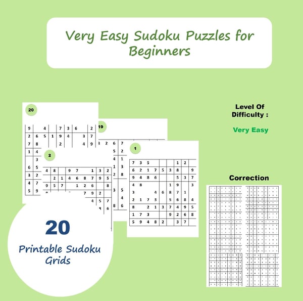 Very Easy Sudoku Puzzles for Beginners: 20 Printable Grids