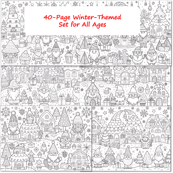 Whimsical Gnome Village Coloring Pages: 40-Page Winter-Themed Set