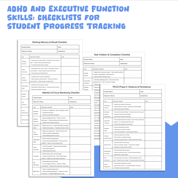 ADHD and Executive Function Skills: Checklists for Student Progress Tracking