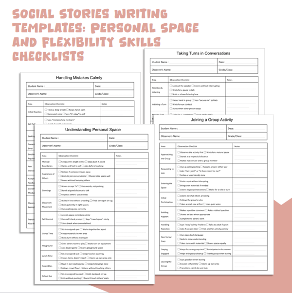 Social Stories Writing Templates: Personal Space and Flexibility Skills Checklists