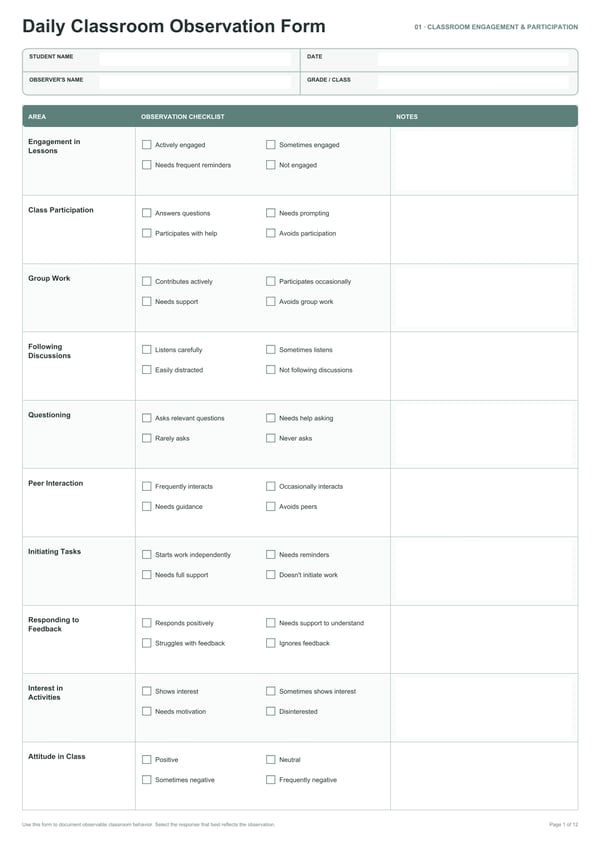 Daily Classroom Observation Form (Large Fillable)