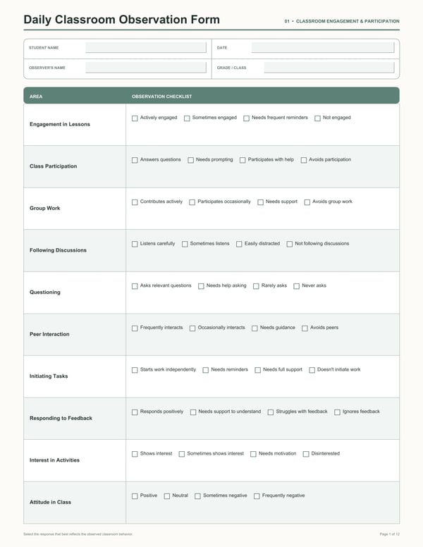 Daily Classroom Observation Form (12-Page)