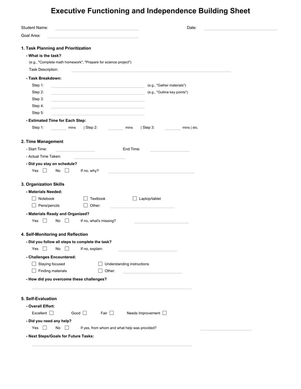 Executive Functioning & Independence Building Sheet