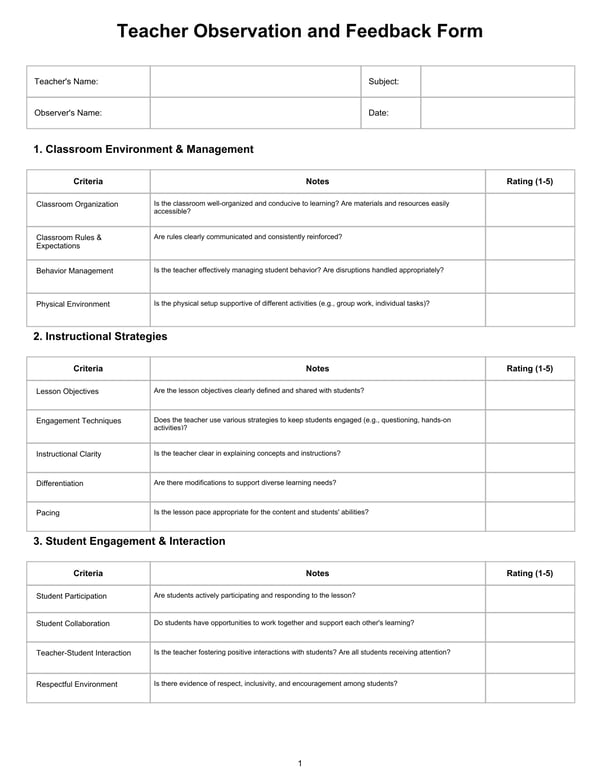 Teacher Observation and Feedback Form
