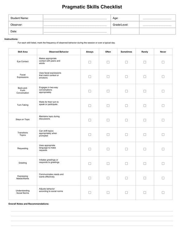Pragmatic Skills Checklist