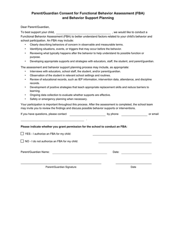 Parent/Guardian Consent for FBA & Behavior Support Planning