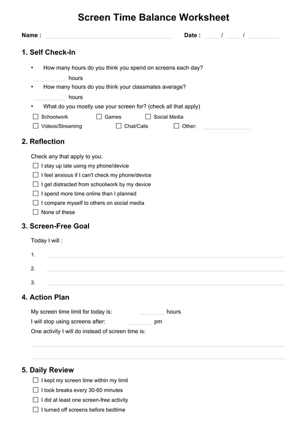 Screen Time Balance Worksheet
