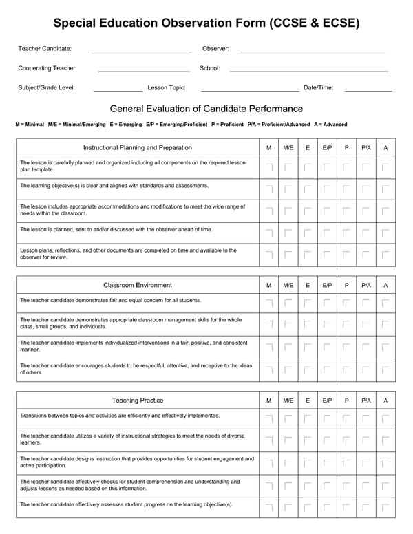 Special Education Observation Form (CCSE & ECSE)