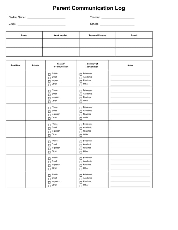 Parent Communication Log for Teachers