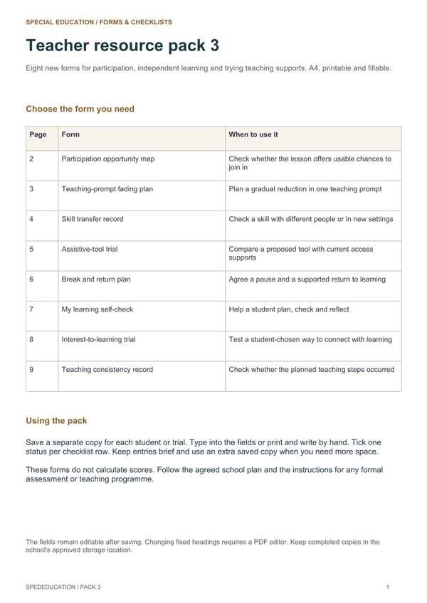 Special Education Participation and Independent Learning Forms Pack 3