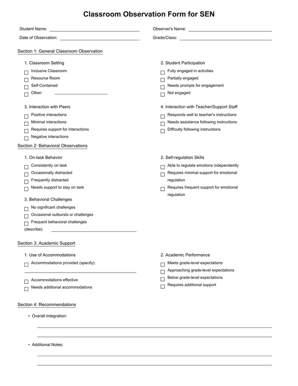Classroom Observation Form for SEN Students