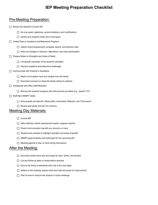 IEP Meeting Preparation Checklist for Teachers