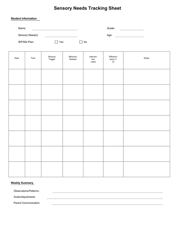 Sensory Needs Tracking Sheet for Students