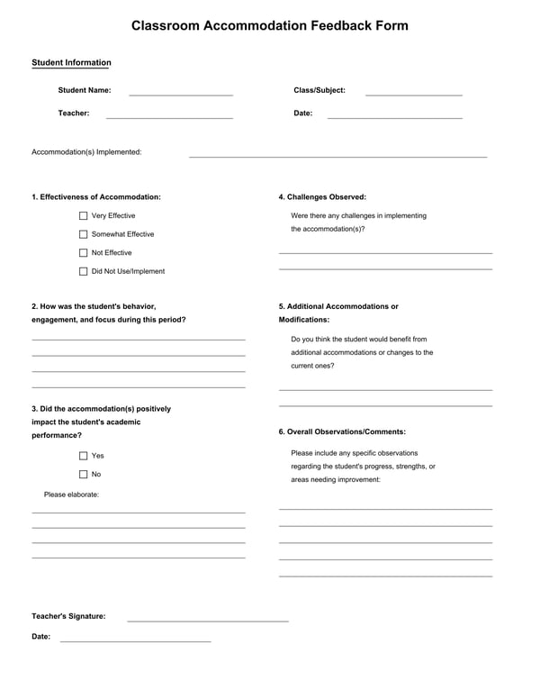 Classroom Accommodation Feedback Form for Teachers