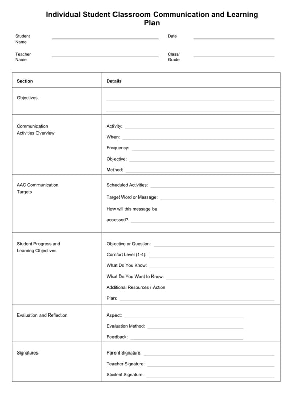 Individual Student Communication and Learning Plan