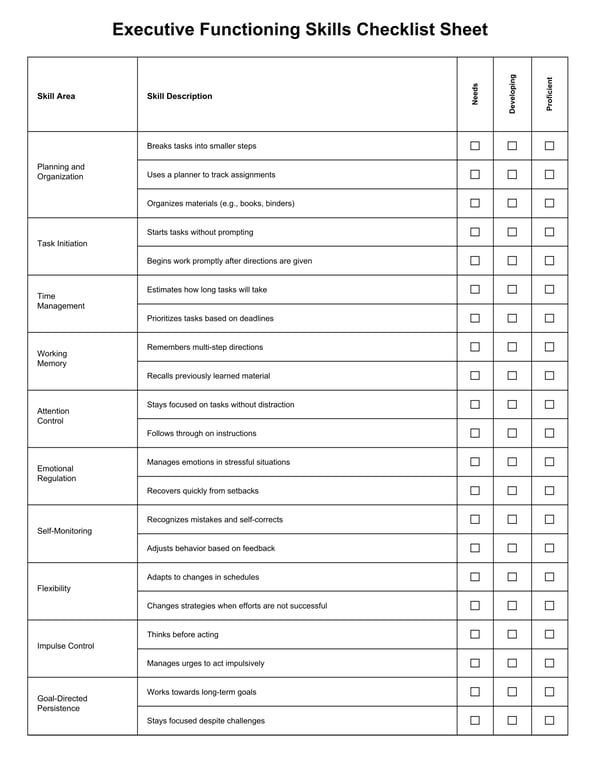 Executive Functioning Skills Checklist Sheet
