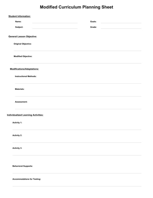 Modified Curriculum Planning Sheet for Special Education