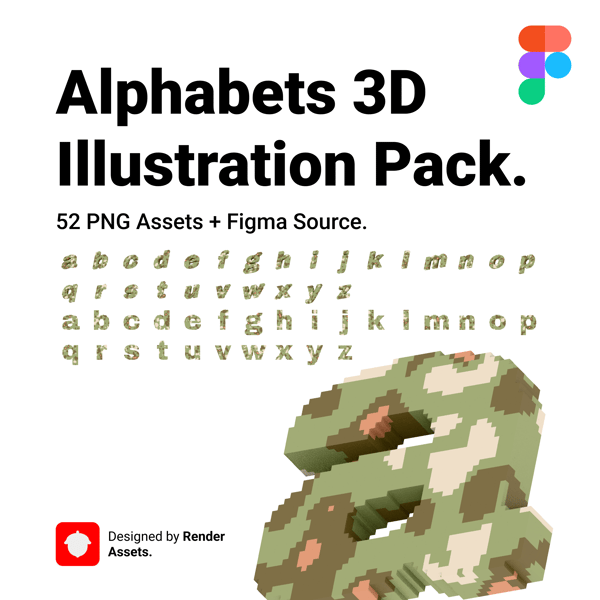 English (Lowercase) 3D Illustration Pack – 52 PNG Assets + Figma Sources
