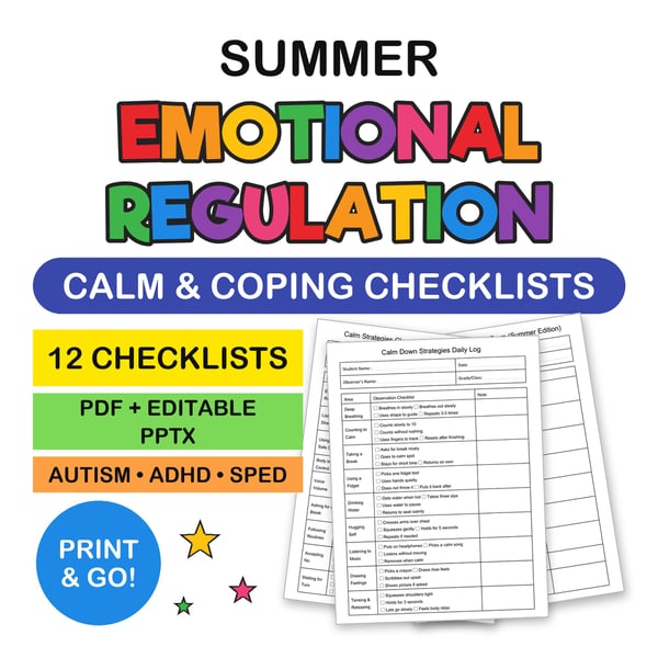 Summer Emotional Regulation Pack | Calm Strategies & Coping Skills Checklists